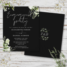 Convite de festa de noivado floral preto e branco 
