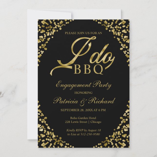 Convite de festa de noivado Gold Black I DO BBQ (Frente)