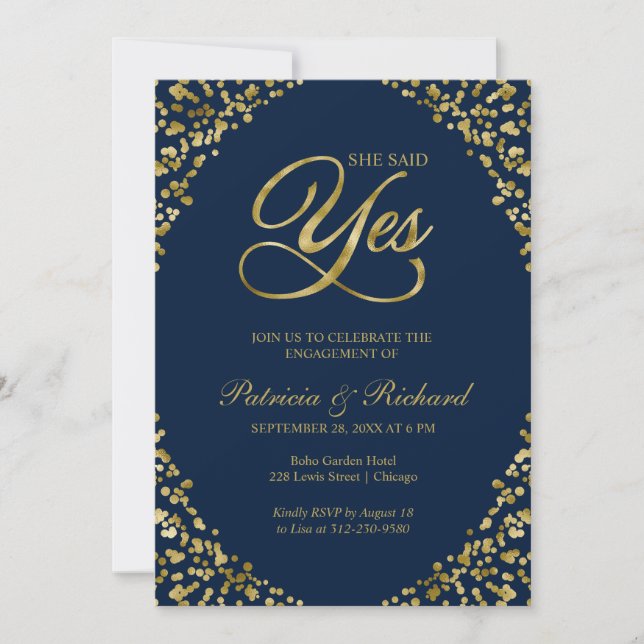 Convite de festa de noivado Gold Blue She Said Yes (Frente)