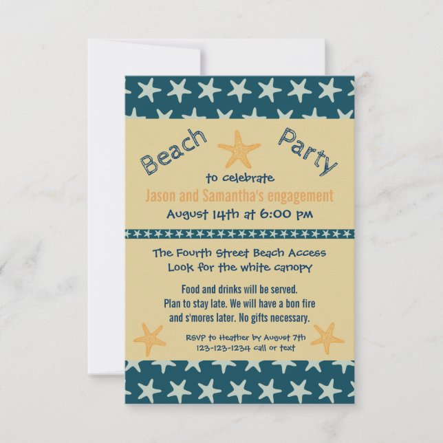 Convite de festa de noivado Navy Starfish Beach -  (Frente)
