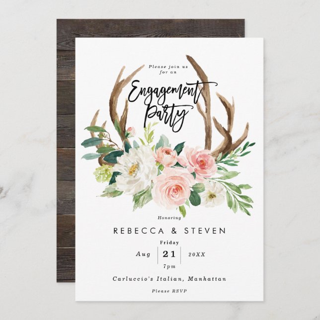 convite de festa de noivado para anéis florais (Frente/Verso)