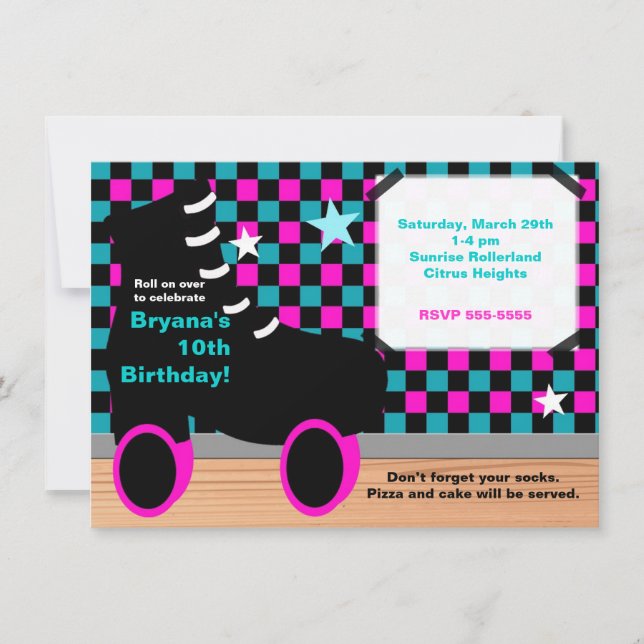 Convite de festa de patinação rosa e azul turquesa (Frente)