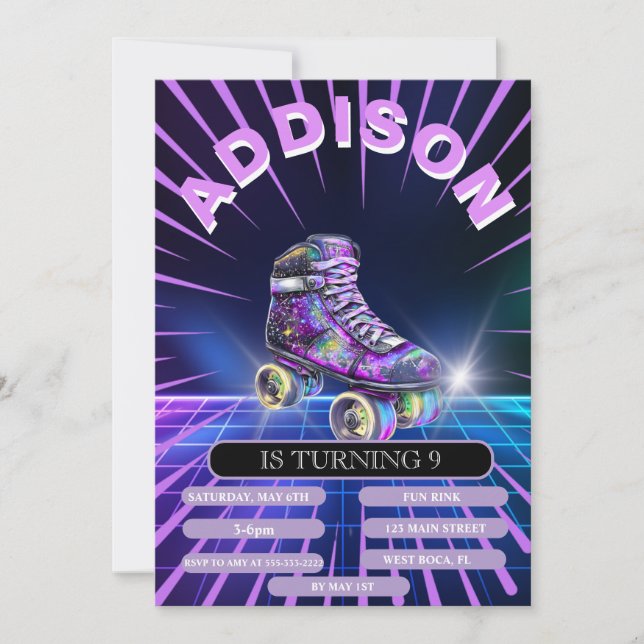 Convite de Festa de Patins de Roda Neon (Frente)