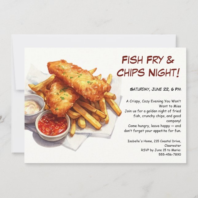 Convite de Festa de Peixe Frito e Batatas – Casual (Frente)