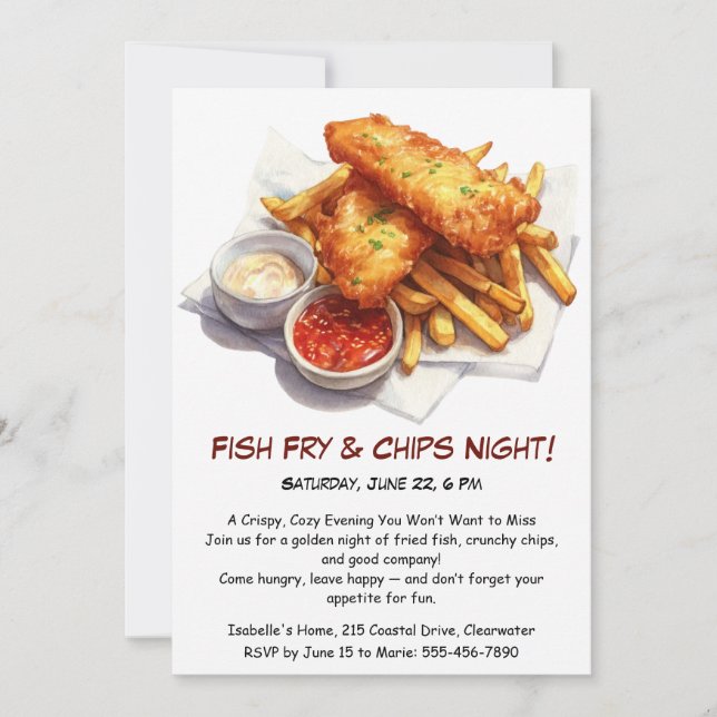 Convite de Festa de Peixe Frito e Batatas – Casual (Frente)