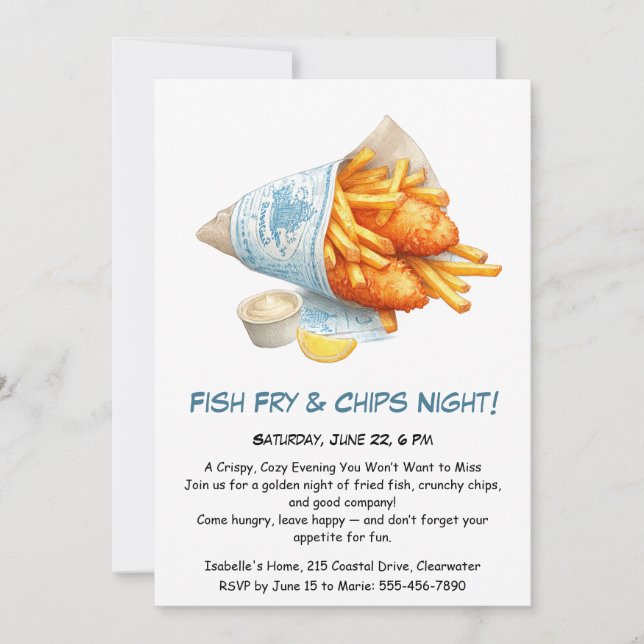 Convite de Festa de Peixe Frito e Batatas – Casual (Frente)