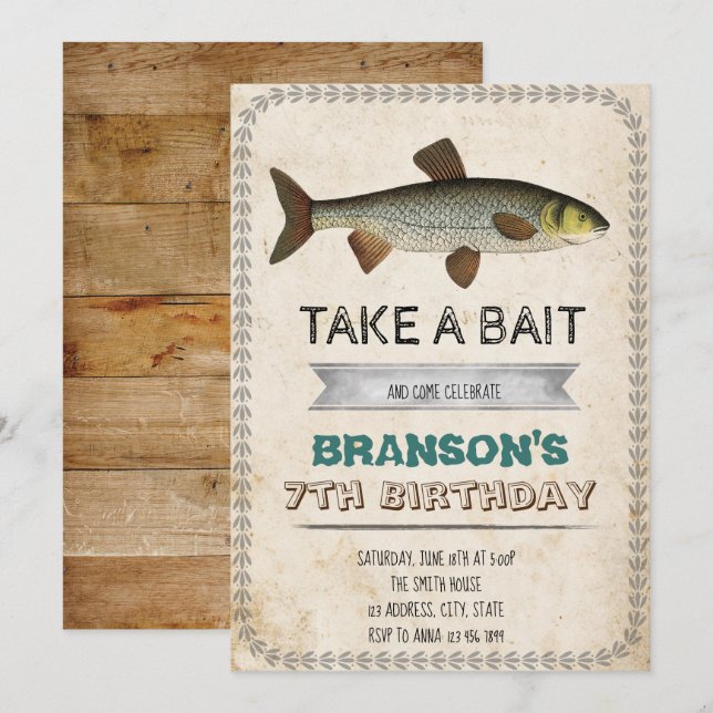 Convite de festa de pesca vintage (Frente/Verso)