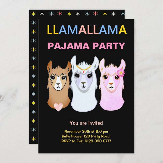 Convite de Festa de Pijama de Lhama (Frente/Verso)