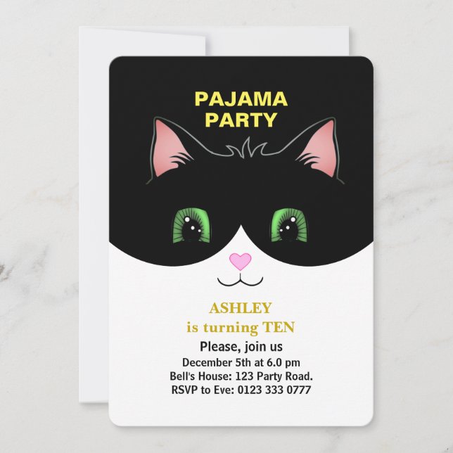 Convite de Festa de Pijamas & Gato Tuxedo Fofo (Frente)
