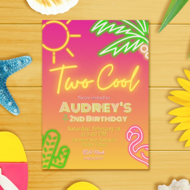 Convite de festa de piscina cor-de-rosa tropical n (Two Cool Tropical Pink Neon Pool Party Invitation)