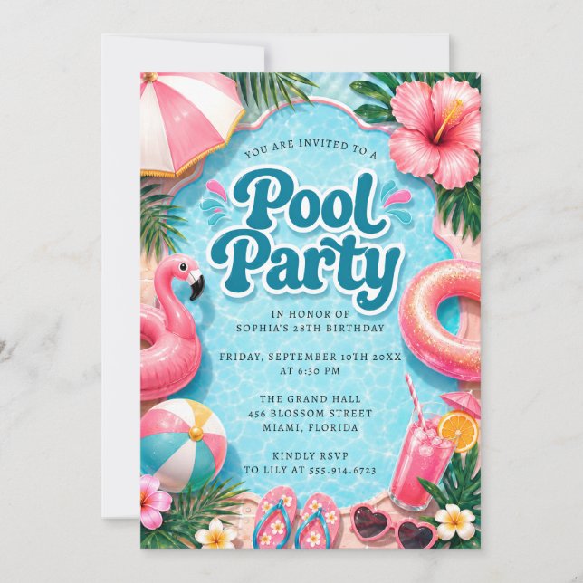 Convite de Festa de Piscina de Verão para Imprimir (Frente)
