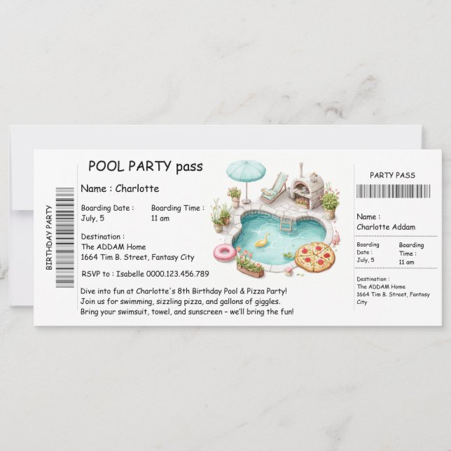 Convite de Festa de Piscina em Estilo de Bilhete – (Frente)