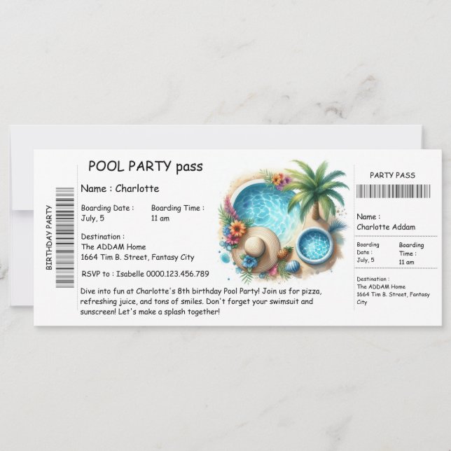 Convite de Festa de Piscina em Estilo de Bilhete – (Frente)