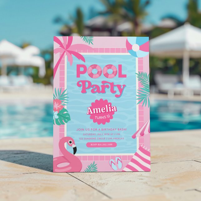 Convite de festa de piscina tropical feminino rosa (Criador carregado)