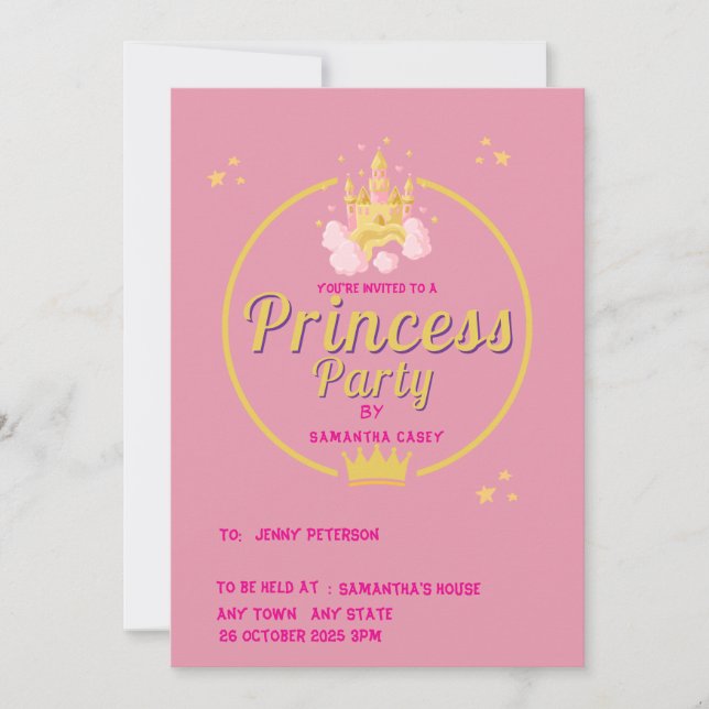 Convite de Festa de Princesa Rosa e Dourado Elegan (Frente)