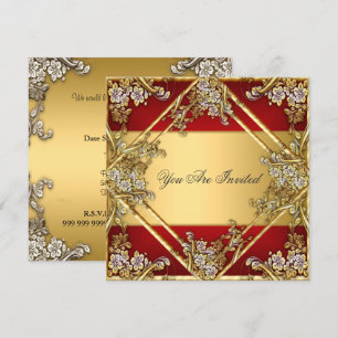 Convite de Festa de Quadro Floral Vermelho Dourado