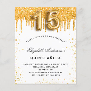 Convite de festa de Quinceanera em branco e dourad