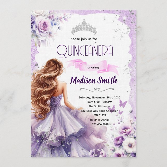 Convite de festa de Quinceanera roxo (Frente)