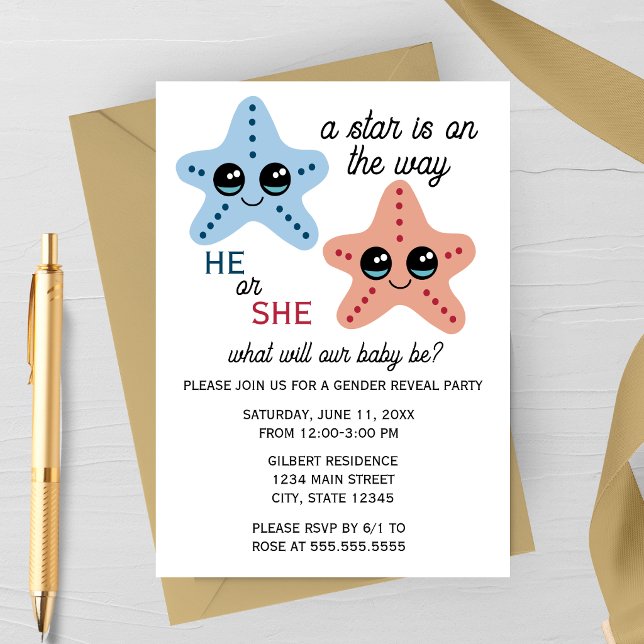 Convite de Festa de Revelação de Gênero da Estrela (Cute Starfish Gender Reveal Invitation | Summer Beach Gender Reveal | Star Themed)
