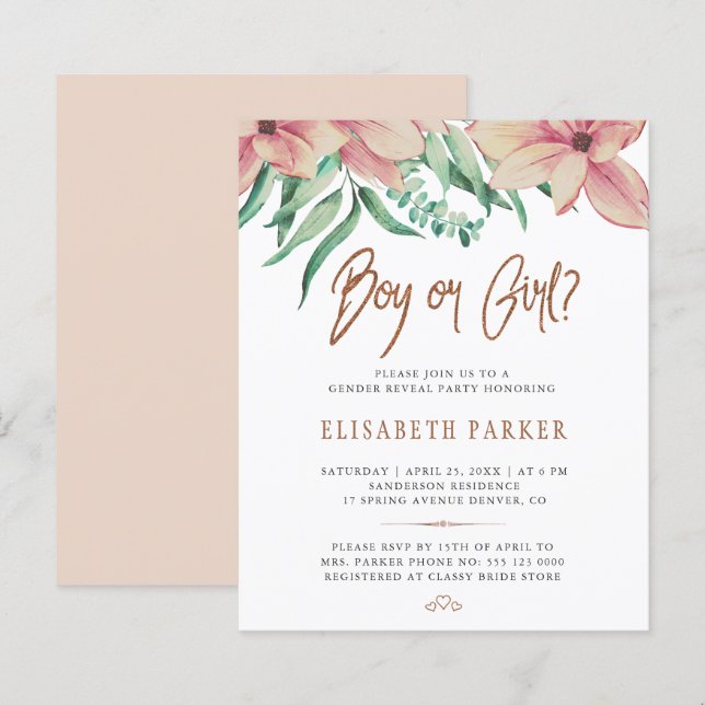 Convite de festa de revelação de gênero de baby sh (Frente/Verso)