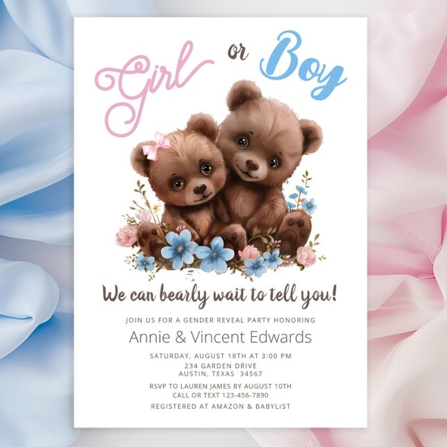 Convite de Festa de Revelação de Gênero de Filhote (Adorable baby boy and girl bear cubs with pretty pink and blue flowers. Simply add your details.)