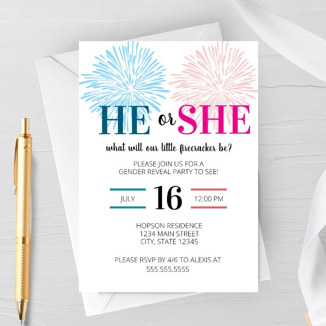 Convite de Festa de Revelação de Gênero de Fogos d (Firework Gender Reveal Party Invitation featuring pink and blue fireworks)