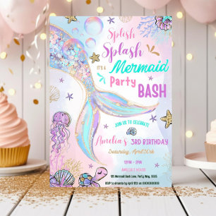Convite de Festa de Sereia Brilhante Editável Pisc