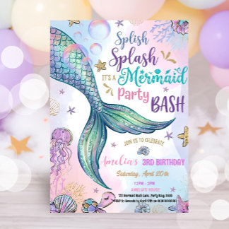 Convite de Festa de Sereia Brilhante Editável Pisc