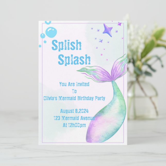 Convite de festa de sereia para meninas (Em pé/Frente)