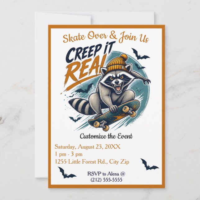 Convite de festa de skate do guaxinim Creep It Rea (Frente)