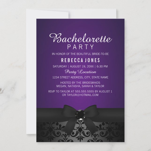 Convite de festa de solteira com laço preto e roxo (Frente)
