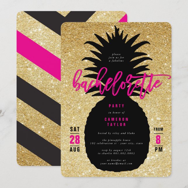 Convite de festa de solteira de abacaxi com glitte (Frente/Verso)