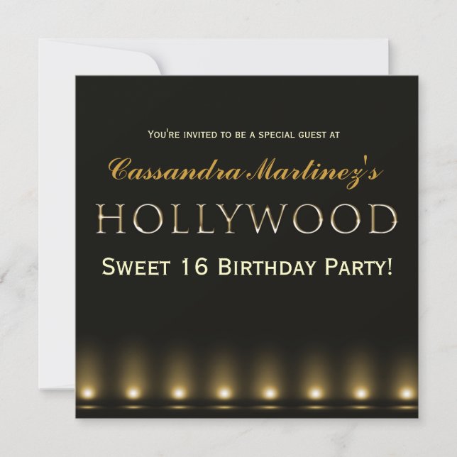 Convite de festa de tipografia dourada Hollywood L (Frente)