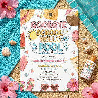 Convite de Festa de Verão Tchau Escola Olá Piscina