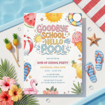 Convite de Festa de Verão Tchau Escola Olá Piscina