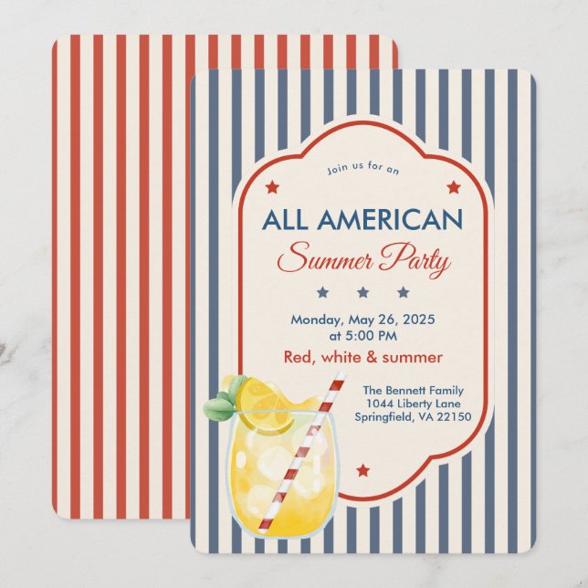 Convite de festa de verão Vintage Americana (Frente/Verso)