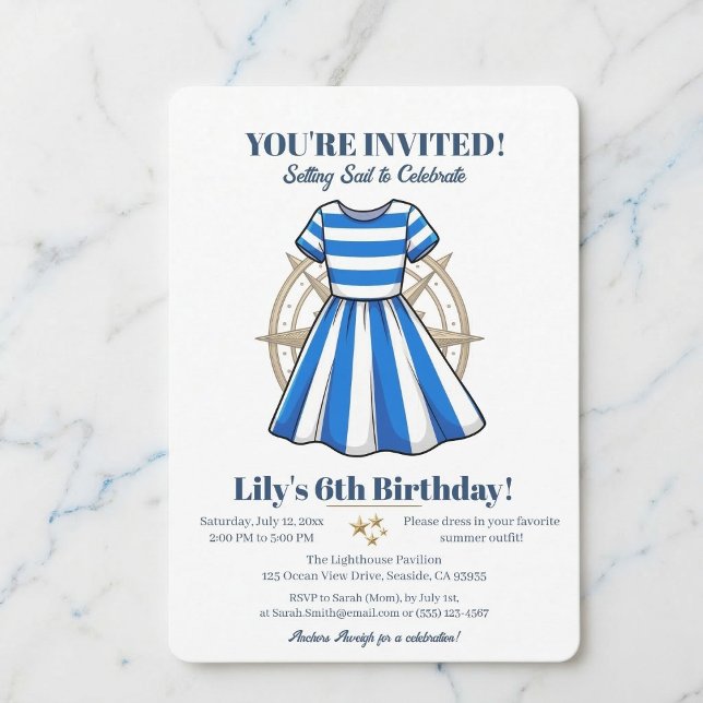 Convite de festa de vestido de marinheiro azul e b (Gather your crew for a special birthday.)