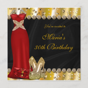 Convite de festa de vestido de salto alto dourado 