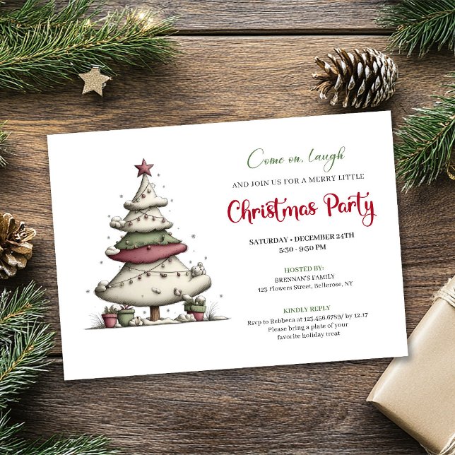 Convite de festa divertido árvore de Natal cartoon (Funny cartoon Christmas tree playful party invite)
