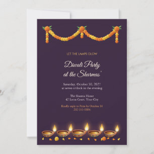 Convite de Festa Diwali Lâmpadas Diya e Marigolds