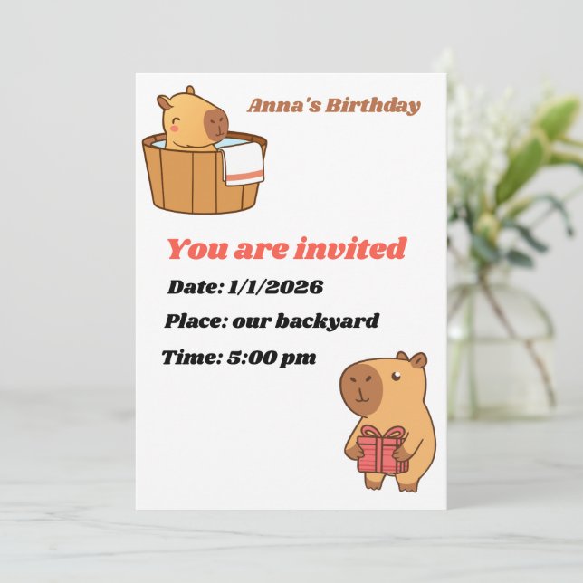 Convite de festa do Capybara | Cute Aniversário (Em pé/Frente)