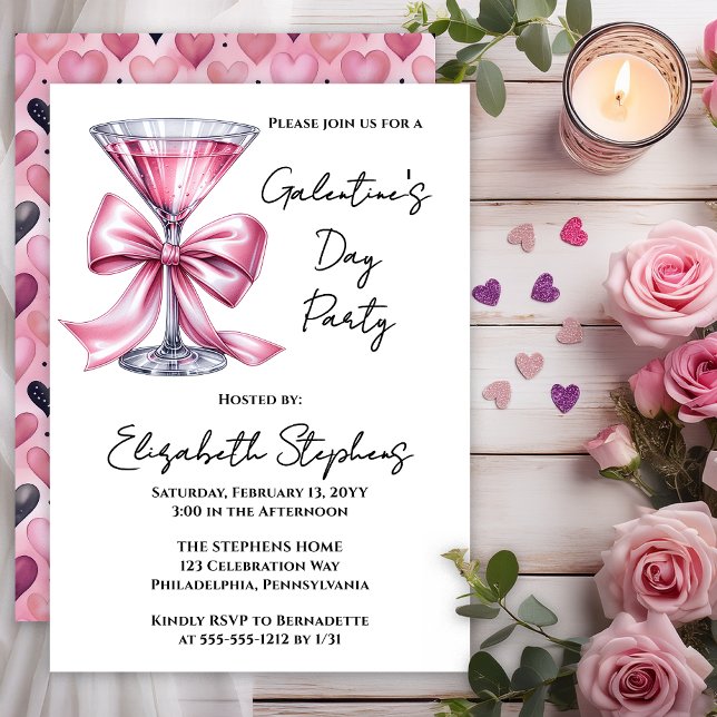 Convite de festa do Dia das Galantes da Coquette P (Galentine’s Day Party Invitation | Pink Martini Bow Coquette Valentine Invite -- Print | Digital)