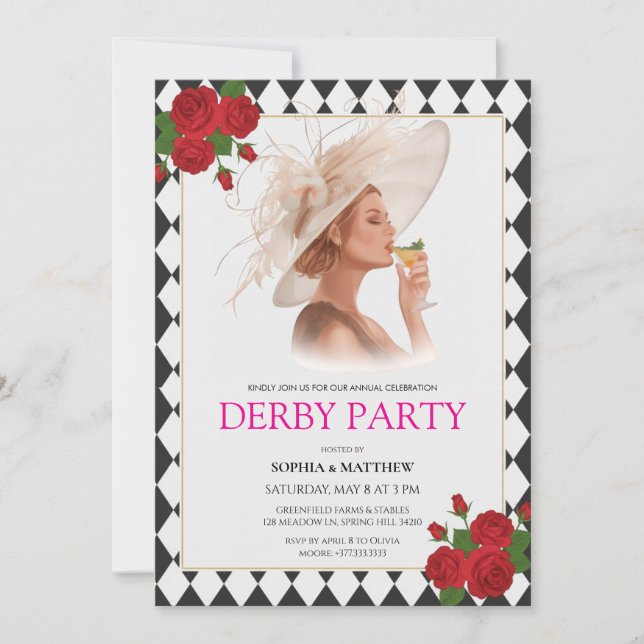 Convite de Festa do Kentucky Derby Elegantes Rosas (Frente)