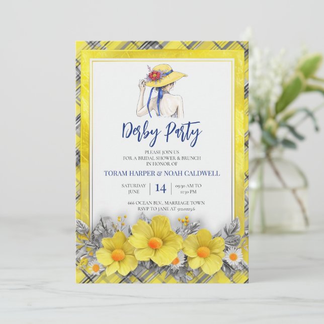 Convite de festa do Yellow Derby para Chá de Noiva (Em pé/Frente)