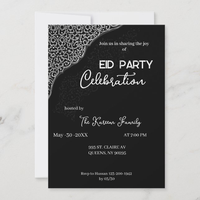 Convite de festa Eid elegante preto e branco (Frente)