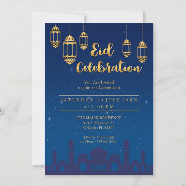 Convite de Festa Eid Mubarak Noite Estrelada (Frente)