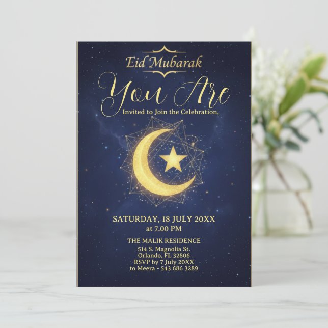 Convite de Festa Eid Mubarak Noite Estrelada (Em pé/Frente)