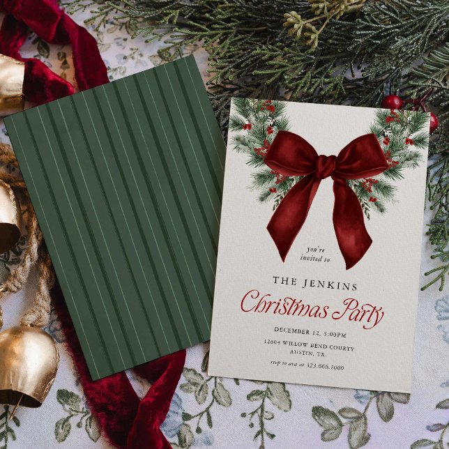 Convite de Festa Elegante com Grinalda de Natal co (Red Ribbon Wreath Christmas Party Invitation)
