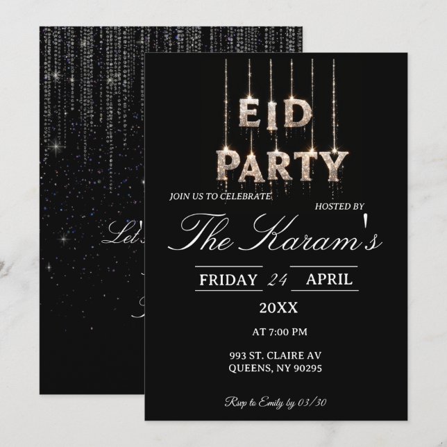 Convite de festa elegante preto moderno do Eid (Frente/Verso)