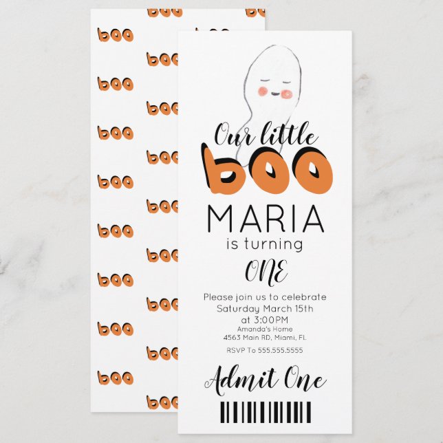 Convite de festa estilo bilhete Boo Fantasma Fofo (Frente/Verso)